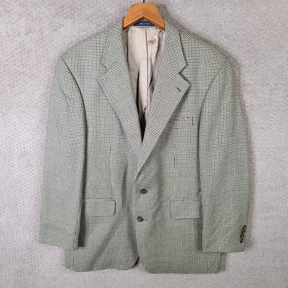Vintage Chaps Ralph Lauren Jacket Mens 43R Beige Houndstooth Blazer‎ Silk Wool - Picture 1 of 13